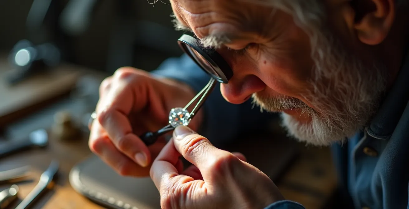 Mains expertes d'un gemmologue examinant un diamant à la loupe professionnelle dans un atelier anversois