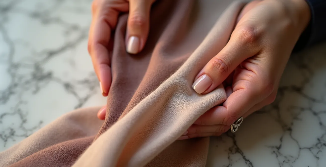 Gros plan sur mains tenant différents échantillons de tissus de luxe sous différents éclairages