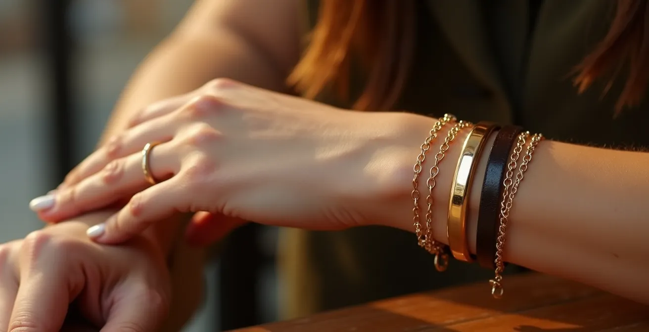 Poignet féminin portant plusieurs bracelets empilés incluant une gourmette en or