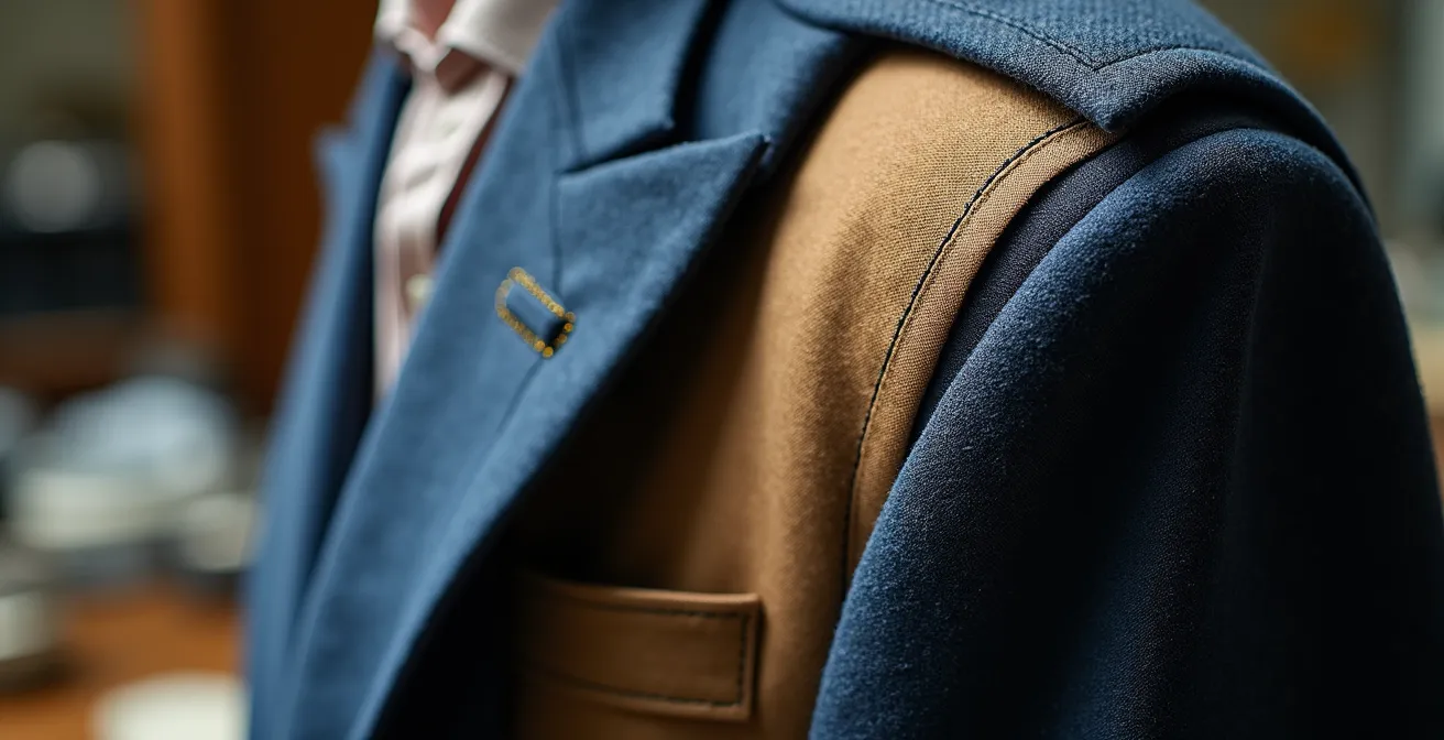 Vue détaillée de la structure interne d'une veste de créateur avec entoilage et montage des manches