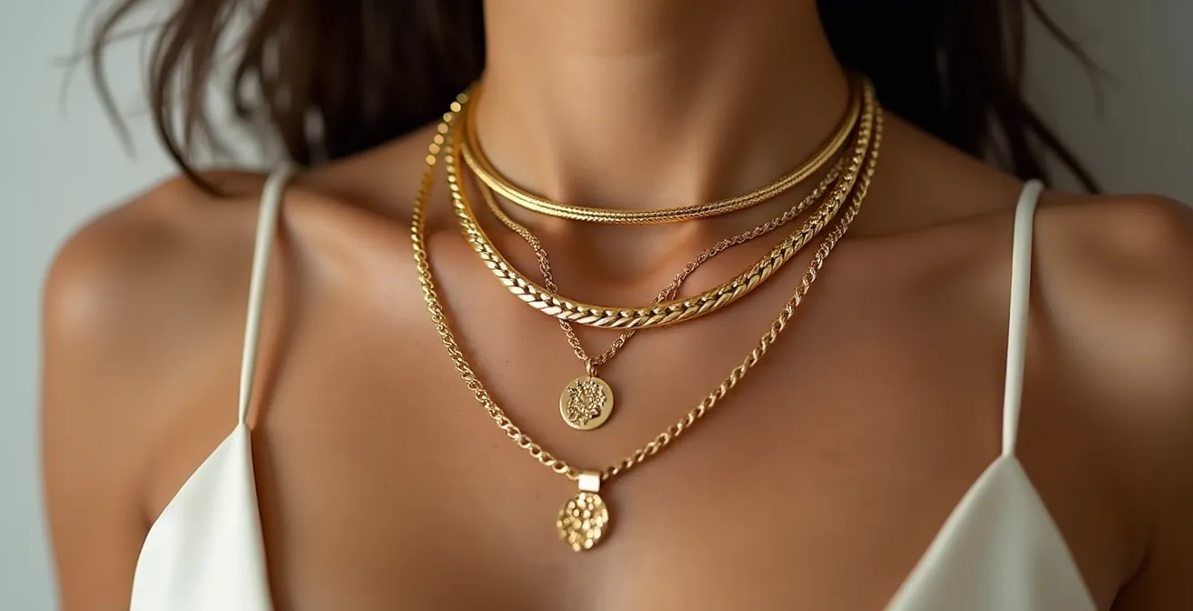 Trois colliers en or de longueurs différentes portés en superposition élégante
