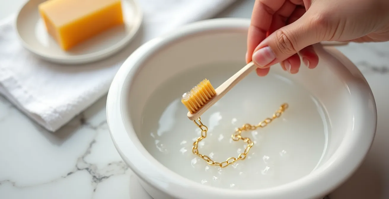 Mains nettoyant délicatement une chaîne en or avec une brosse à dents souple au-dessus d'un bol en céramique