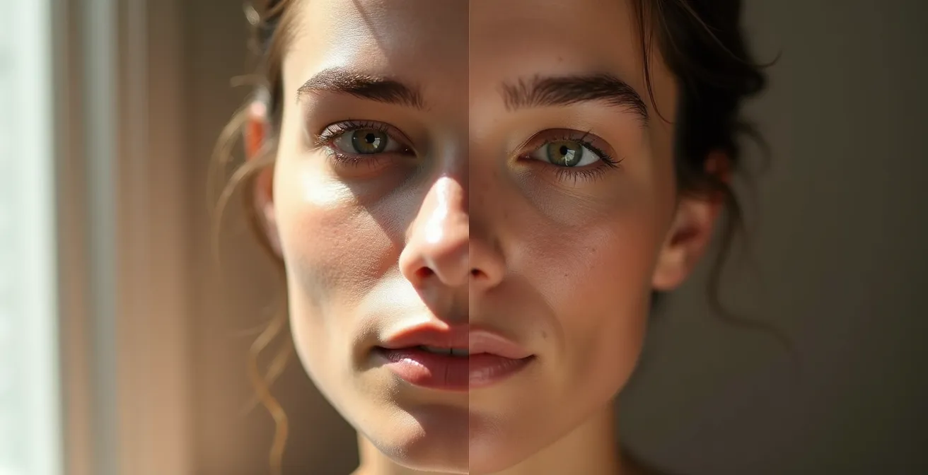 Visage divisé montrant l'évolution du maquillage au fil de la journée
