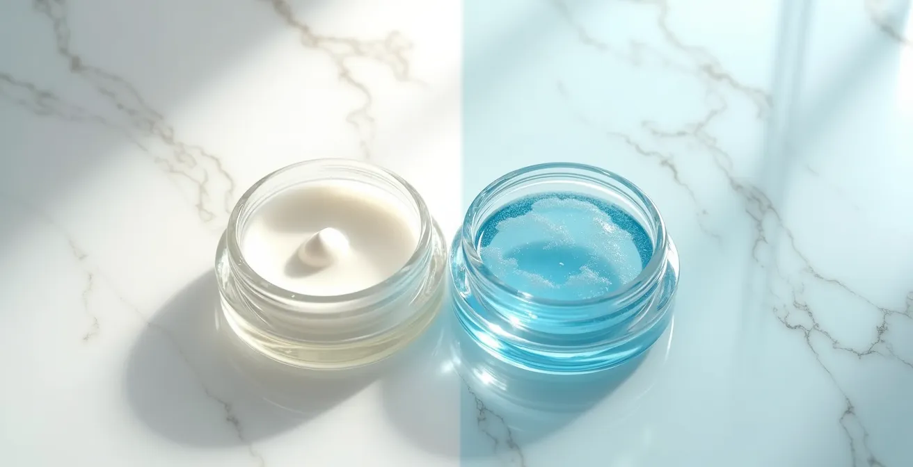 Composition minimaliste montrant la transition entre textures cosmétiques hiver et été