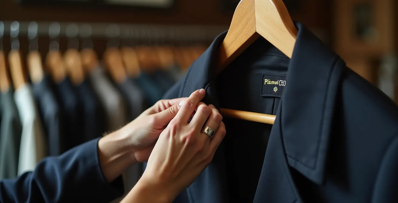 Veste d'homme vintage oversize exposée dans une friperie belge avec d'autres pièces en arrière-plan